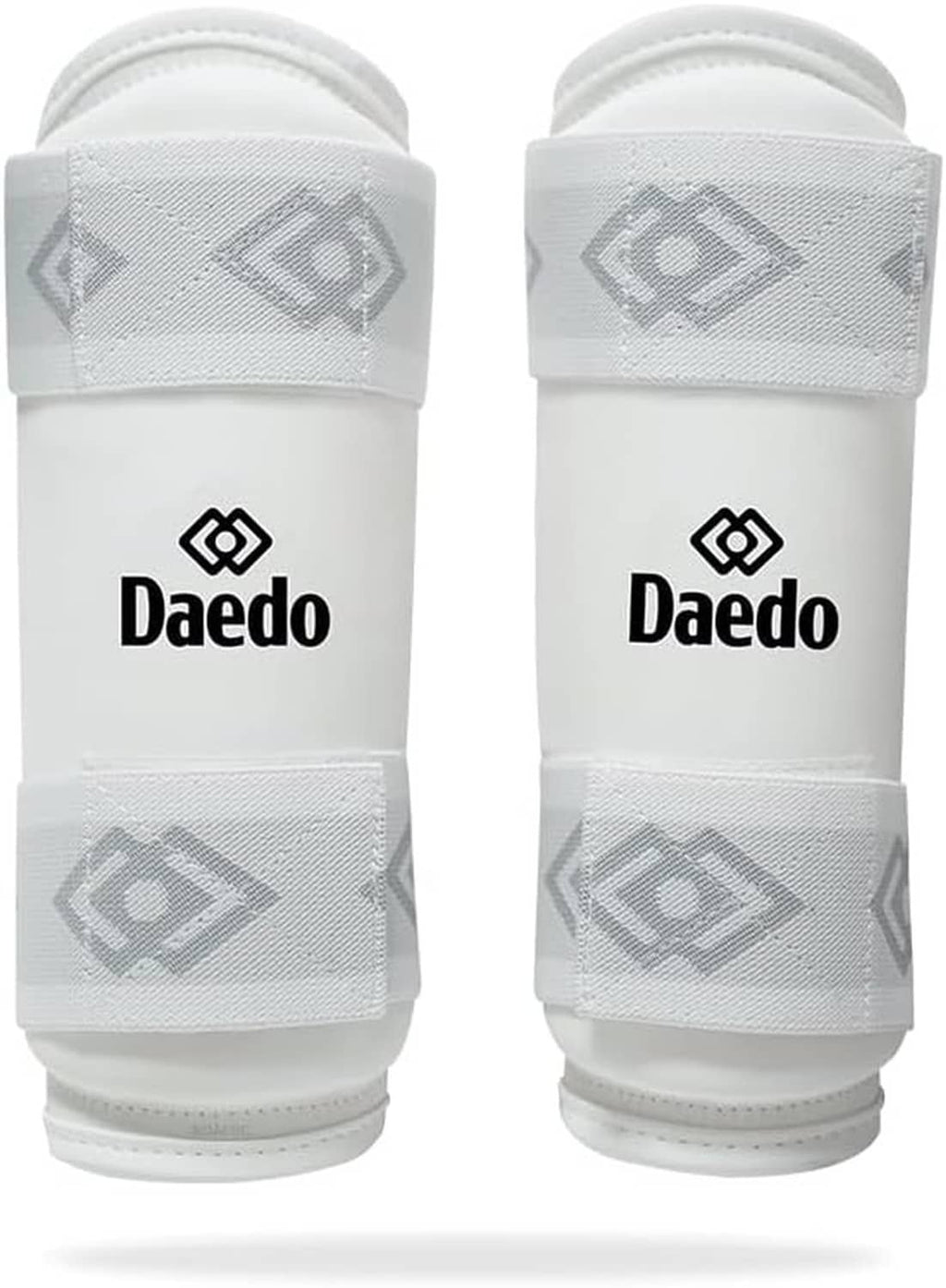 White Taekwondo forearm guard wraps featuring Daedo logo and stitched padding