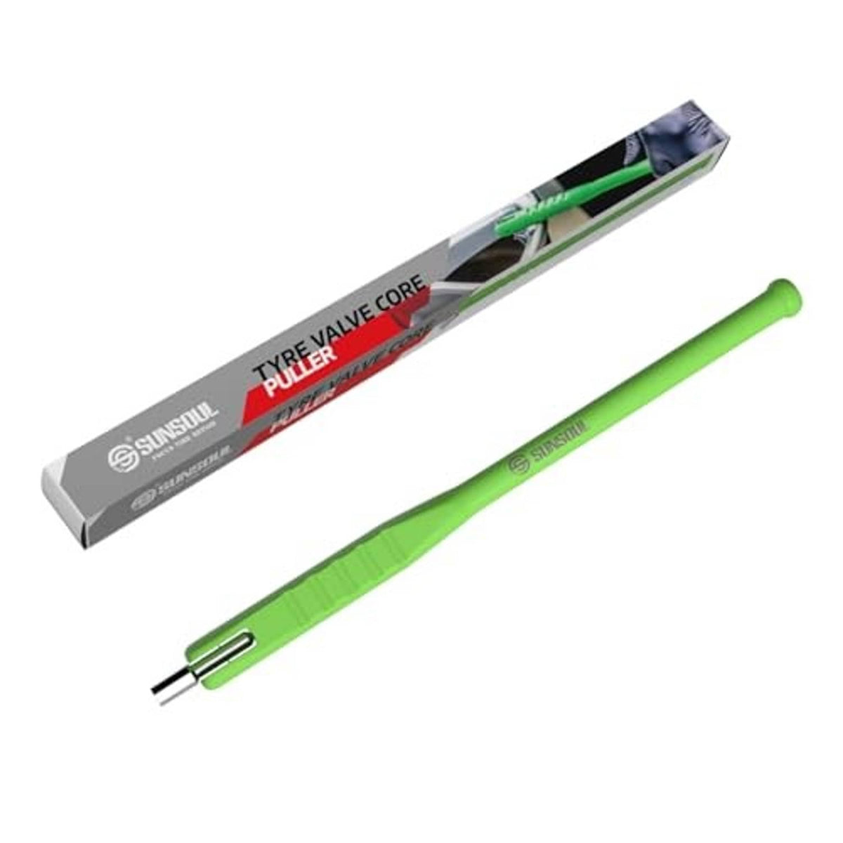 Green tire valve core tool with metal extraction tip and long handle