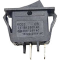 On/off motor switch module with gray housing and two metal terminals, printed electrical specs