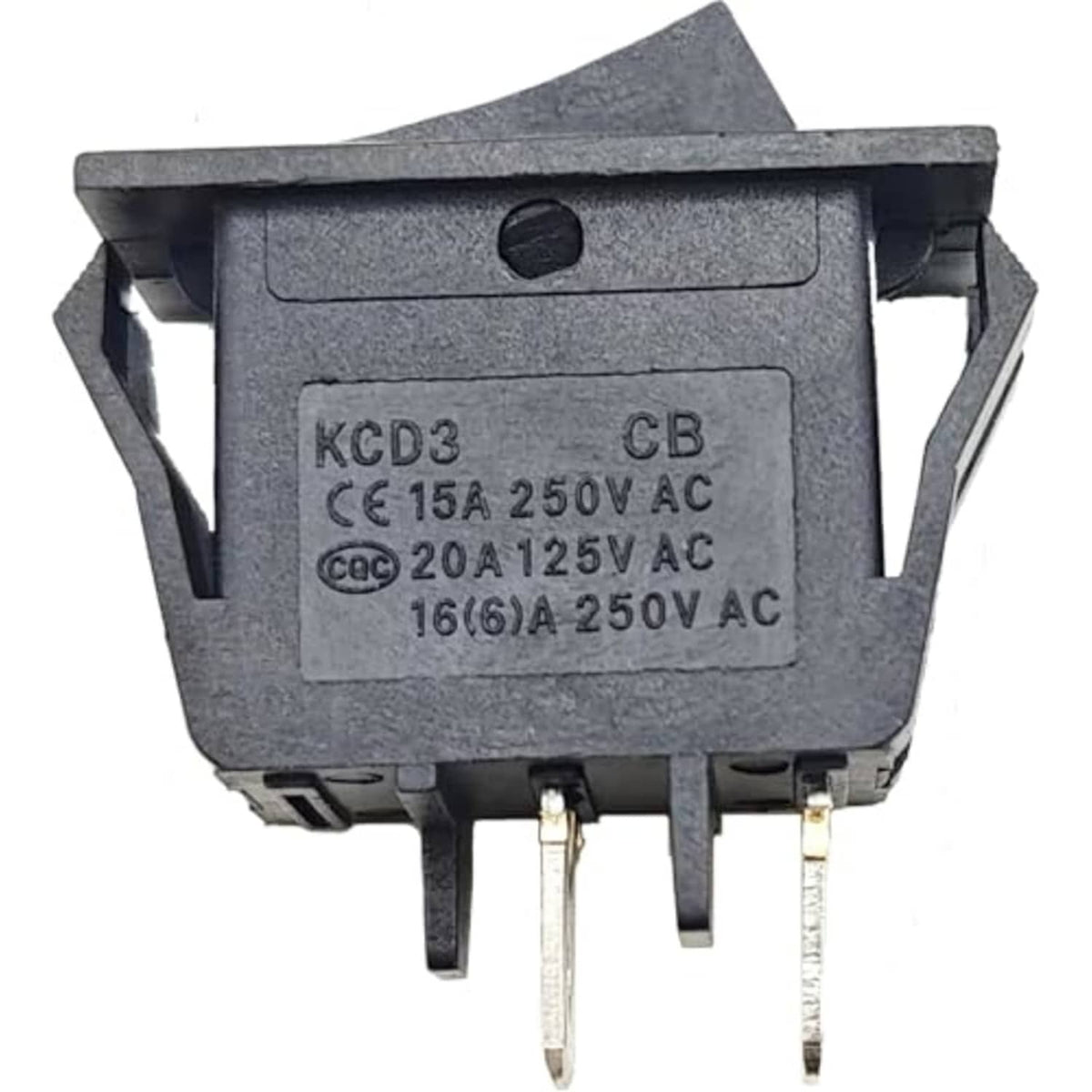 On/off motor switch module with gray housing and two metal terminals, printed electrical specs