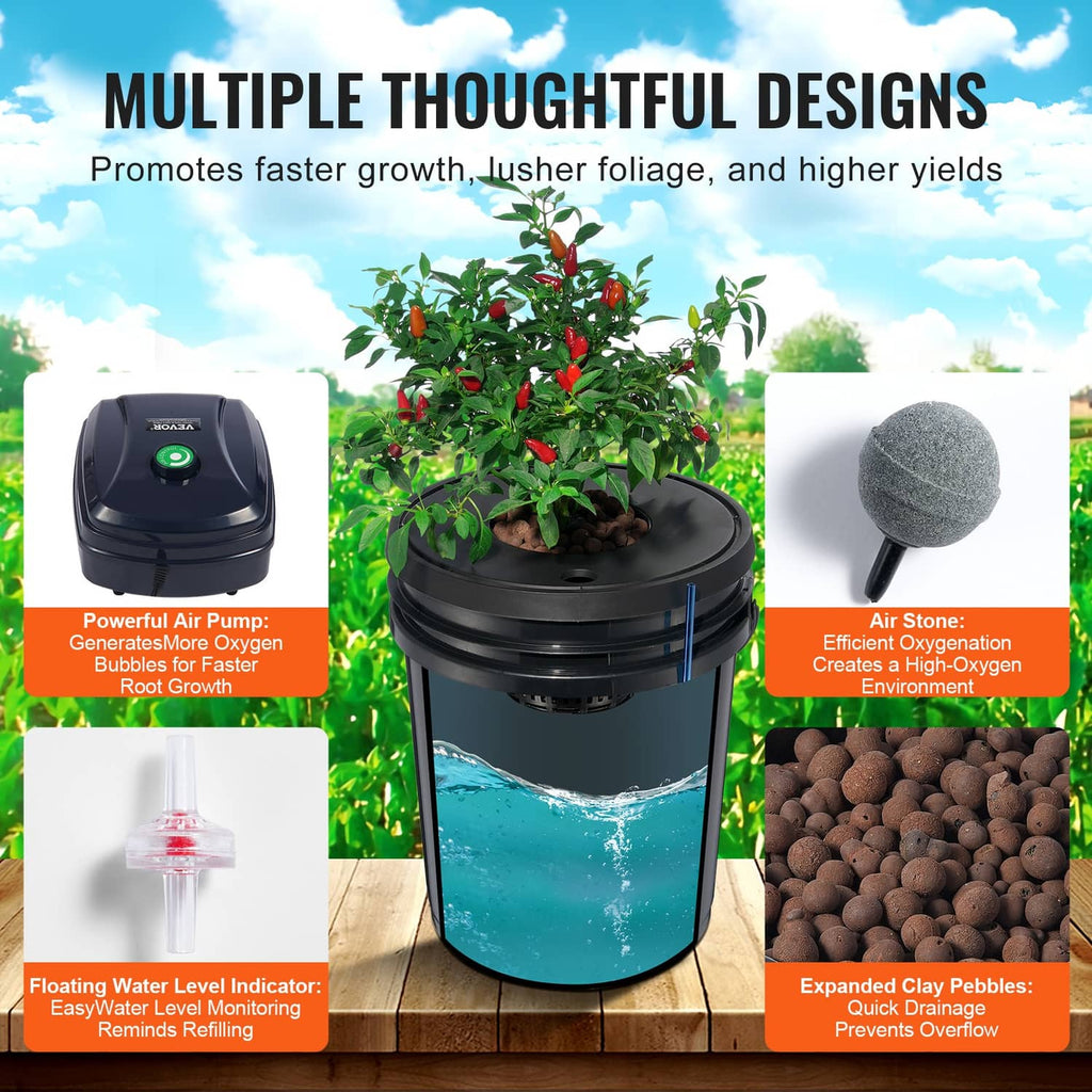 DWC hydroponic bucket with air pump setup and air stone components