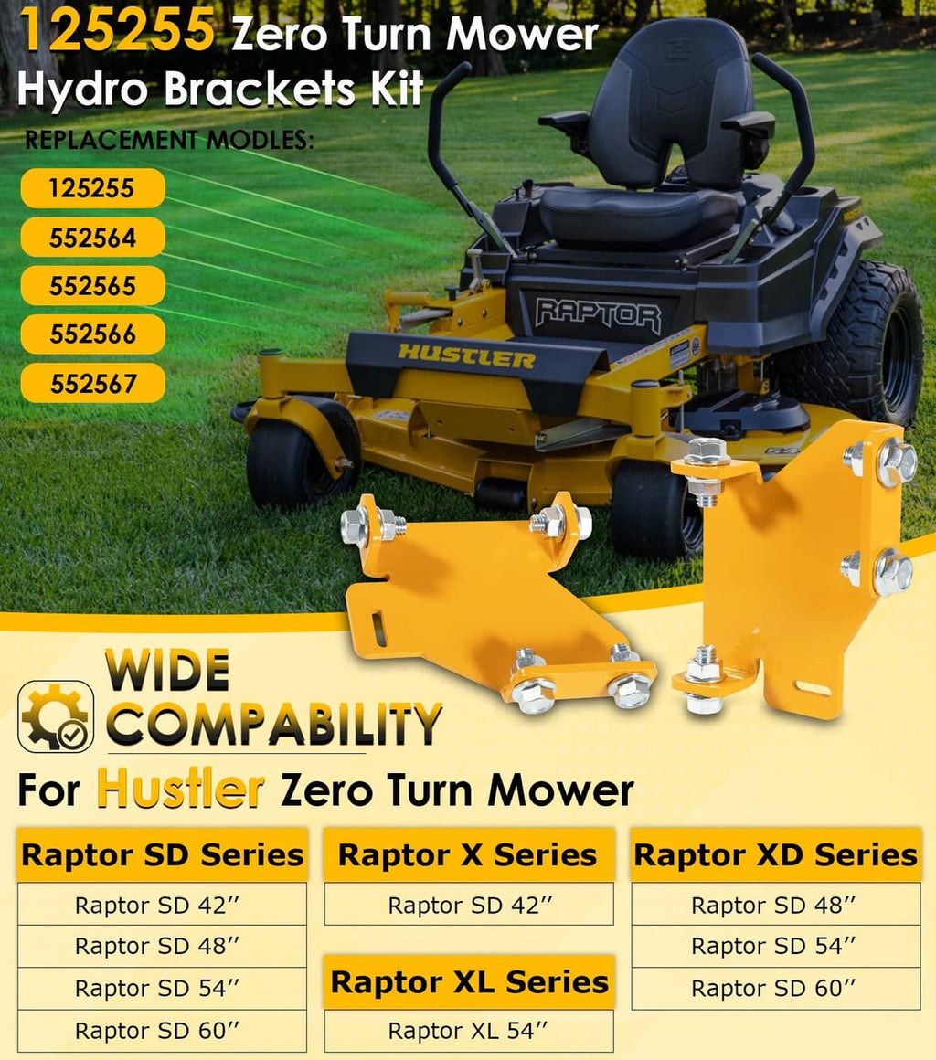 Yellow hydro transmission bracket kit shown on a zero-turn mower with brackets and hardware.