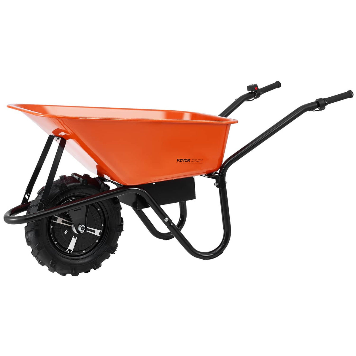 Orange electric one-wheel wheelbarrow cart with black handle frame and large front tire