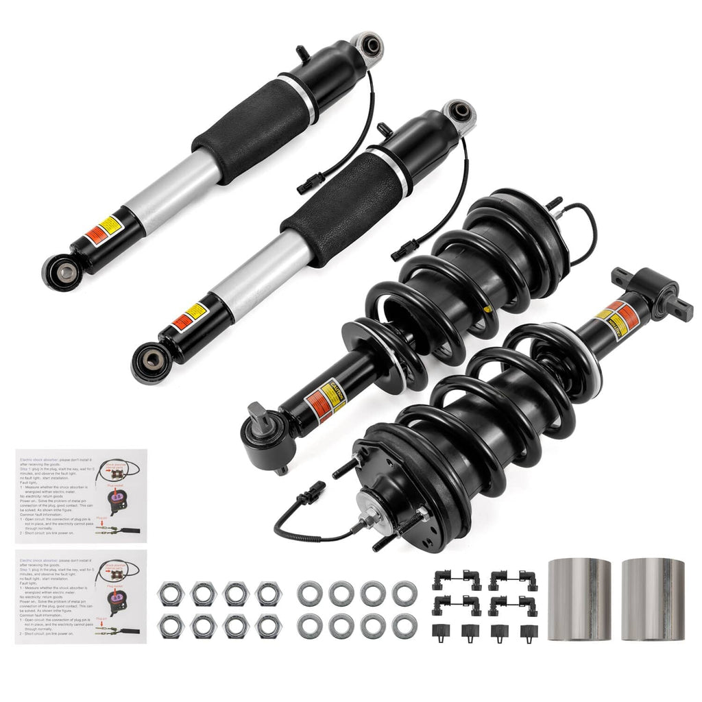 Shock strut set with black spring assemblies and silver shocks, shown with mounting hardware