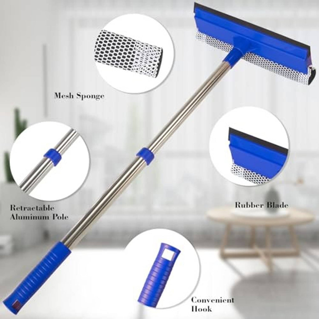 2-in-1 window squeegee head with mesh sponge and rubber blade on extendable pole