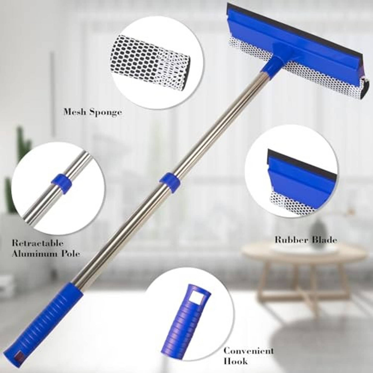 2-in-1 window squeegee head with mesh sponge and rubber blade on extendable pole