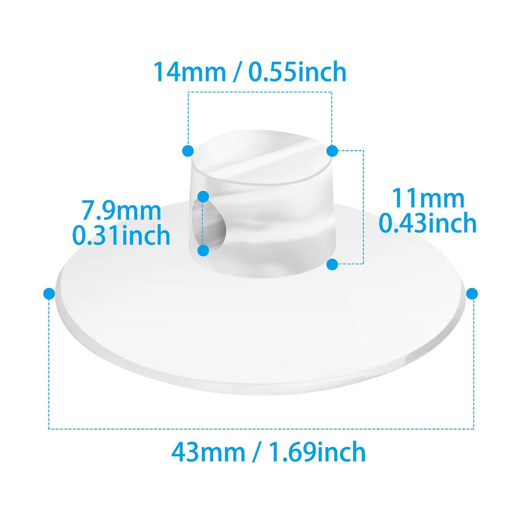 Transparent suction cup connector with marked dimensions, 43mm base