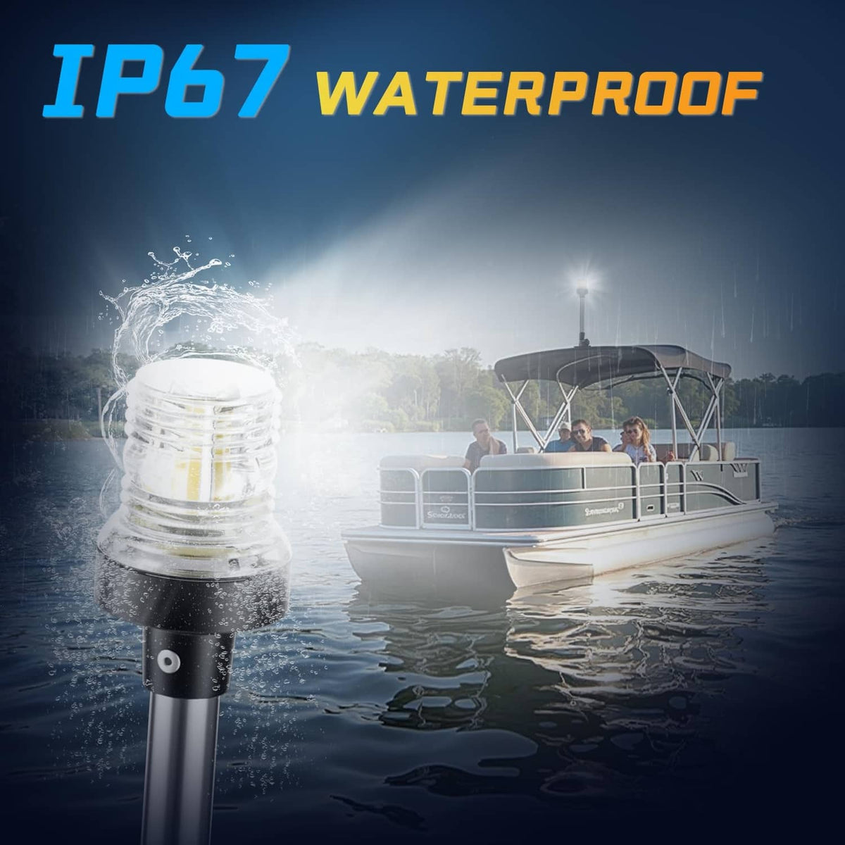 Waterproof bimini top anchor light with clear LED bulb on dark metal post