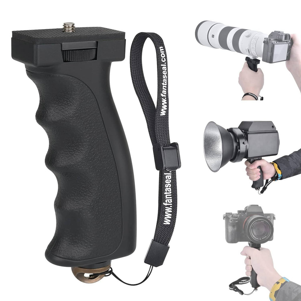 Black pistol-style camera grip with textured handle and wrist strap