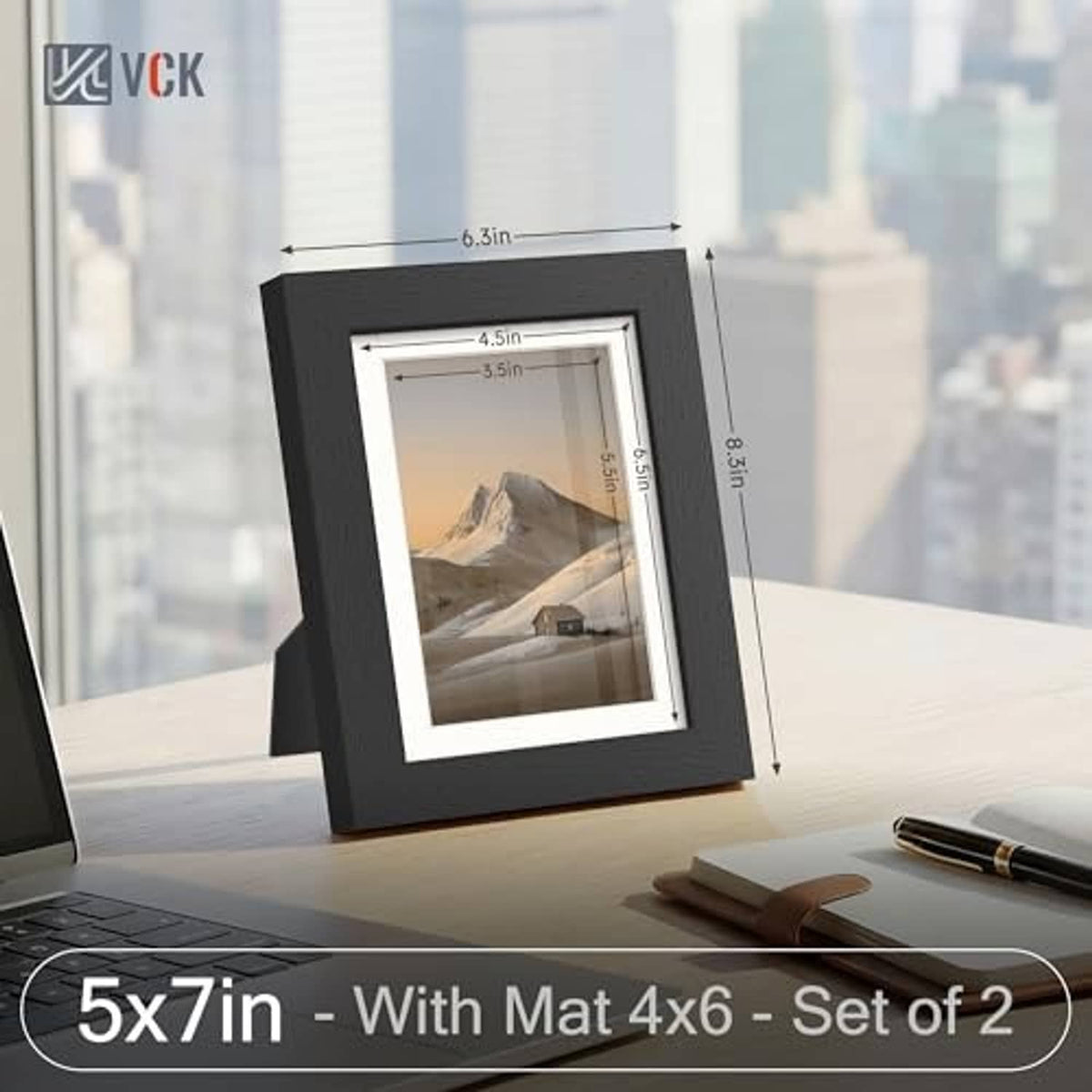 Angled black wood 5x7 picture frame with white mat and glass