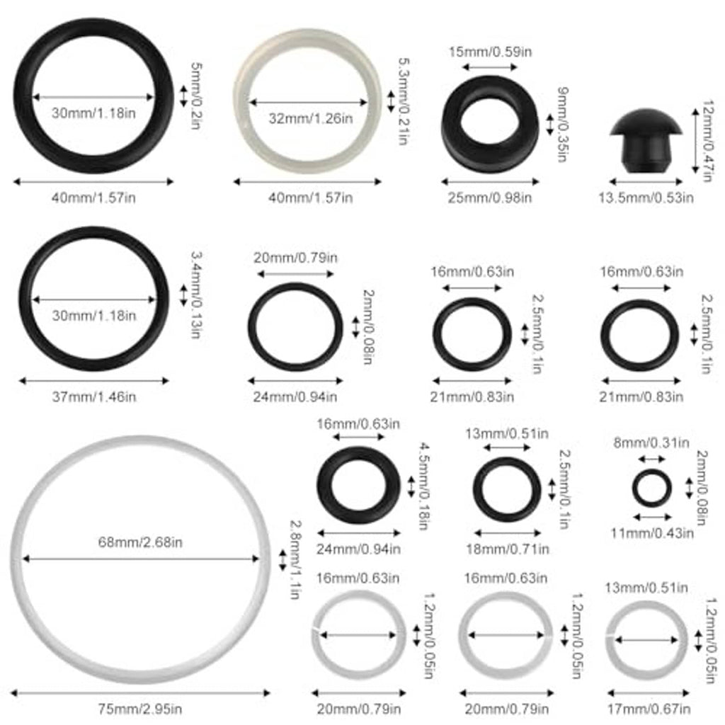 15-piece hydraulic jack oil seal kit with measured black and white seal rings