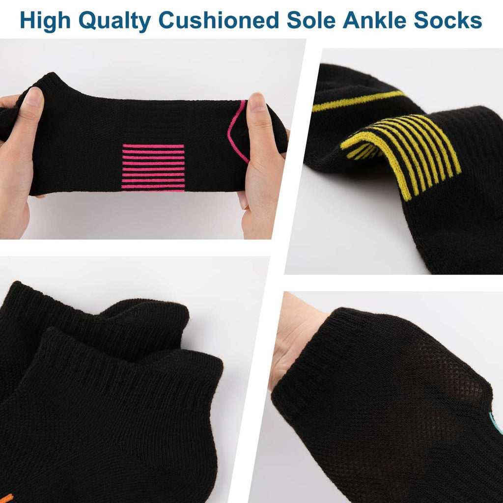 Black ankle socks with cushioned sole and pink stripe toe accent