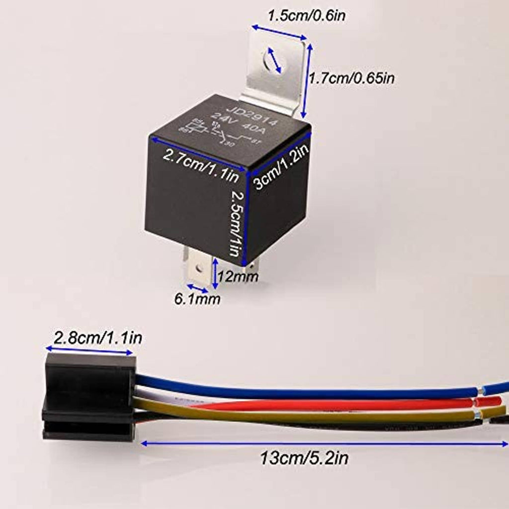 Black relay with blue, red, and yellow wire harness, shown with size measurements