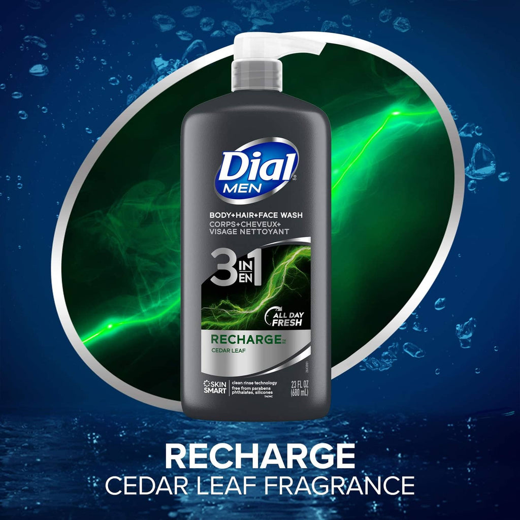 Dial Men body, hair & face wash pump bottle with Recharge cedar-leaf fragrance text