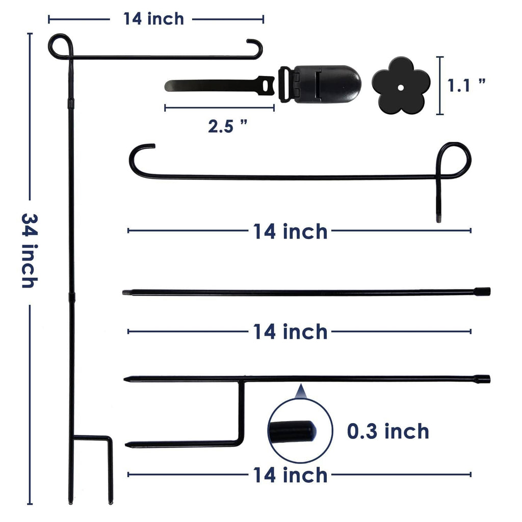Black garden flag stand kit with top hook, spike base, and included hardware parts