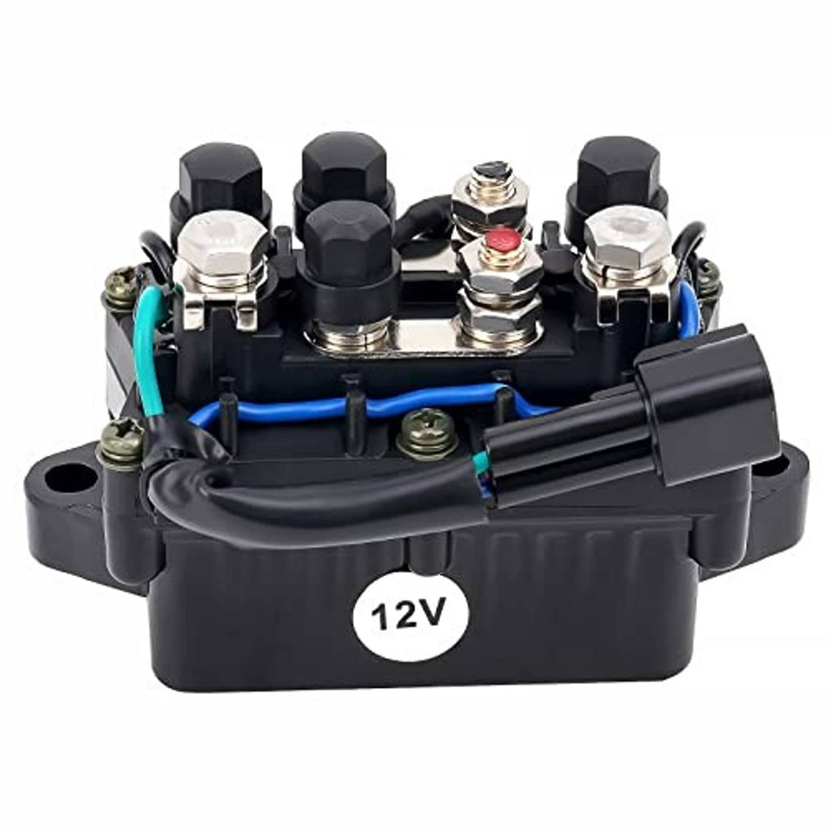 12V outboard relay assembly, close-up view of black module with blue wire and posts