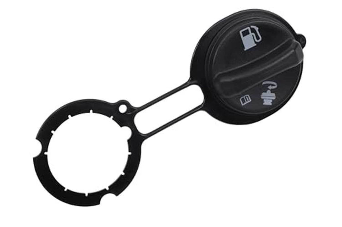 Fuel tank filler cap with black flip-top and white dash symbols