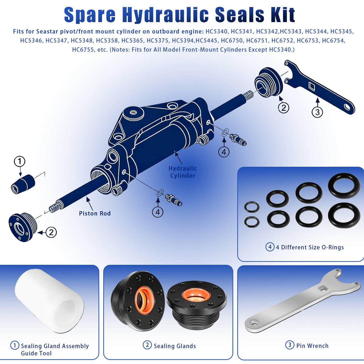 Hydraulic steering cylinder spare seals kit with two sealing glands, pin wrench and O-rings