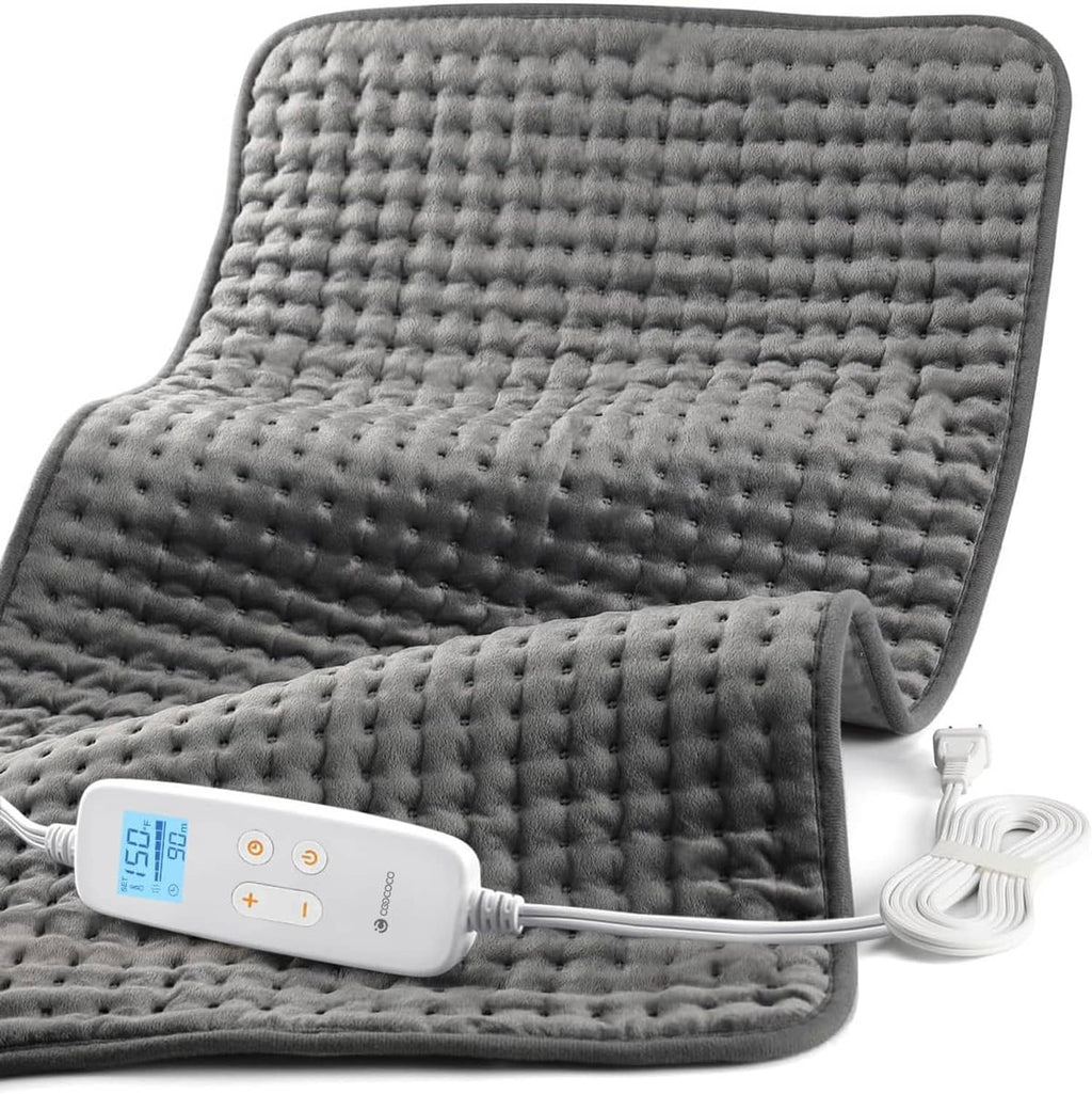 Folded gray electric heating pad with controller and power cord.