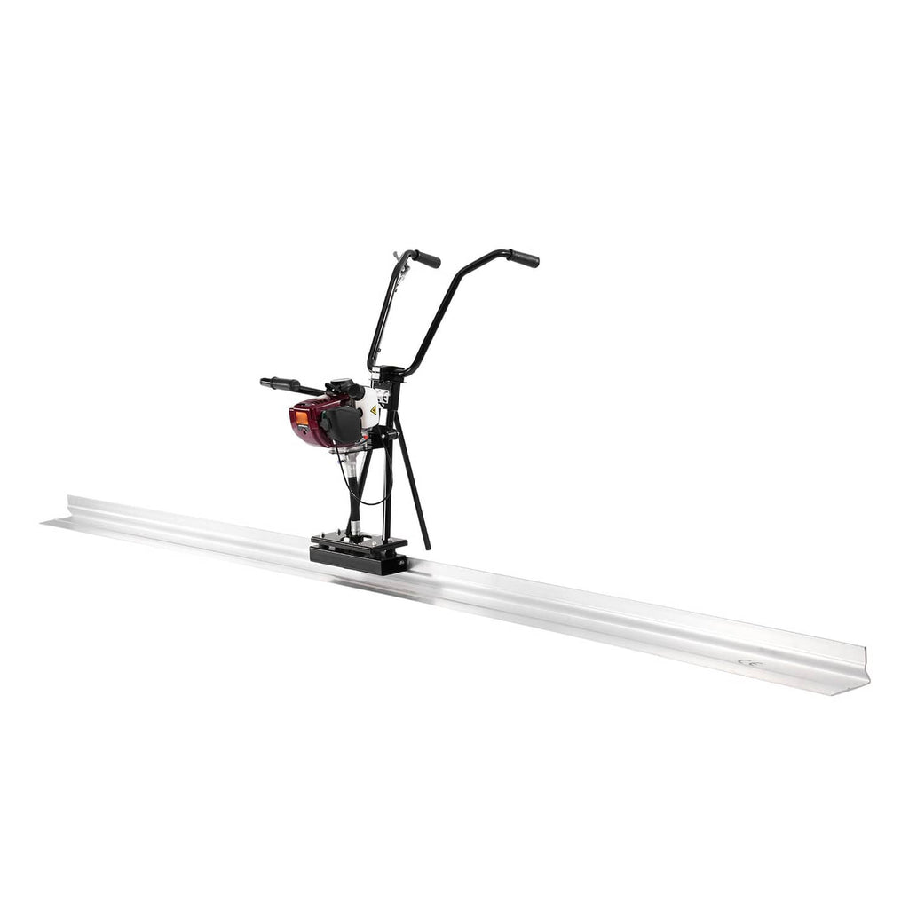 Concrete power screed with black handle assembly and extended white finishing blade