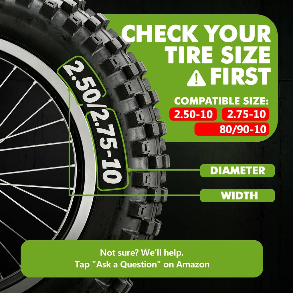 Inner tube compatibility size guide for 2.50-10, 2.75-10, 80/90-10 tires