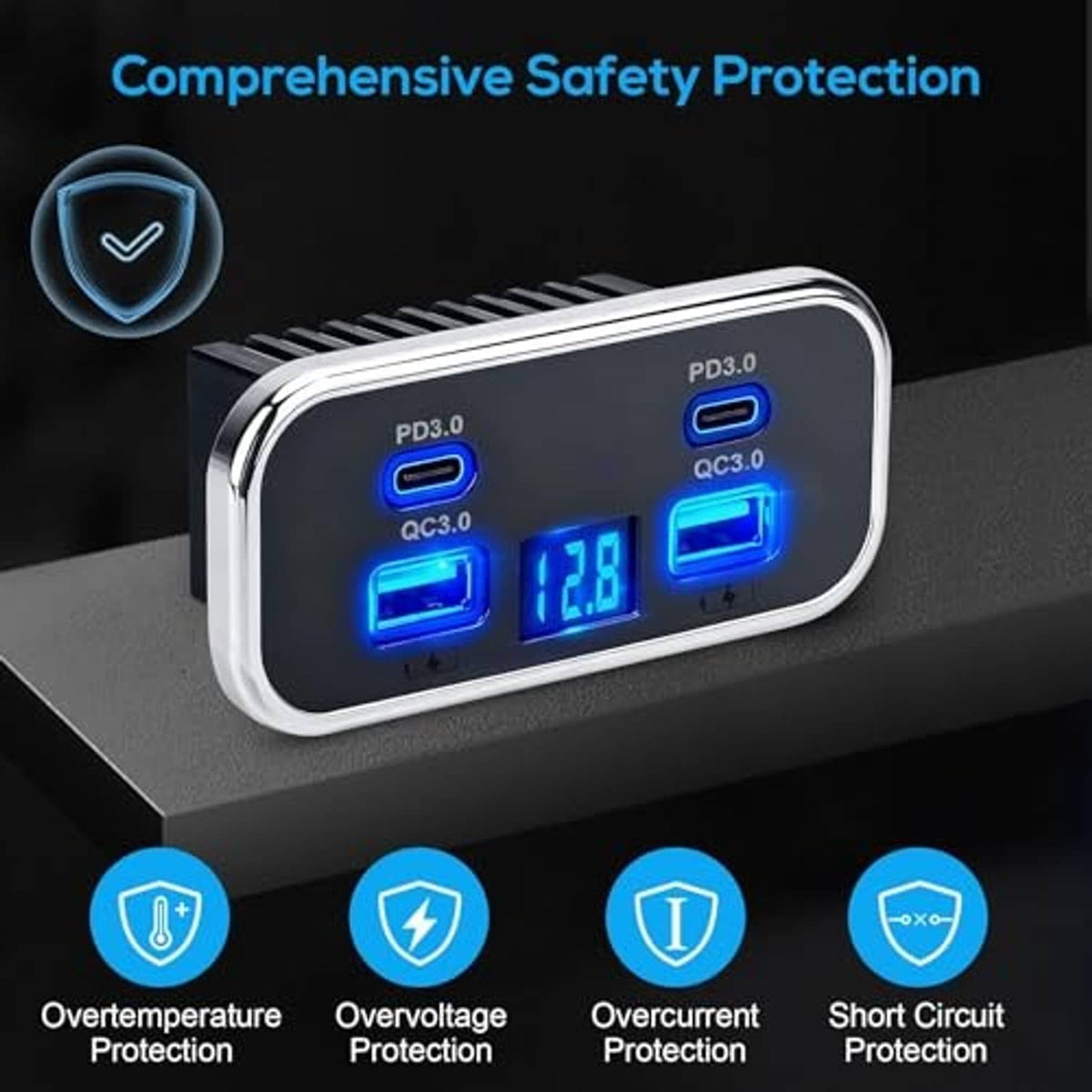 Black 4-port car USB charger panel with blue-lit ports and safety protection feature icons