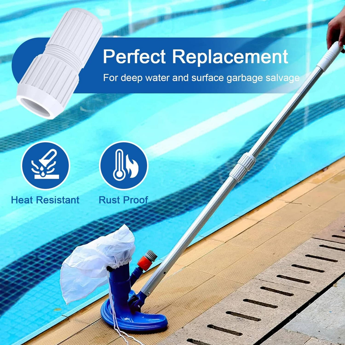 White cam lock replacement connector attached to a telescoping pool pole