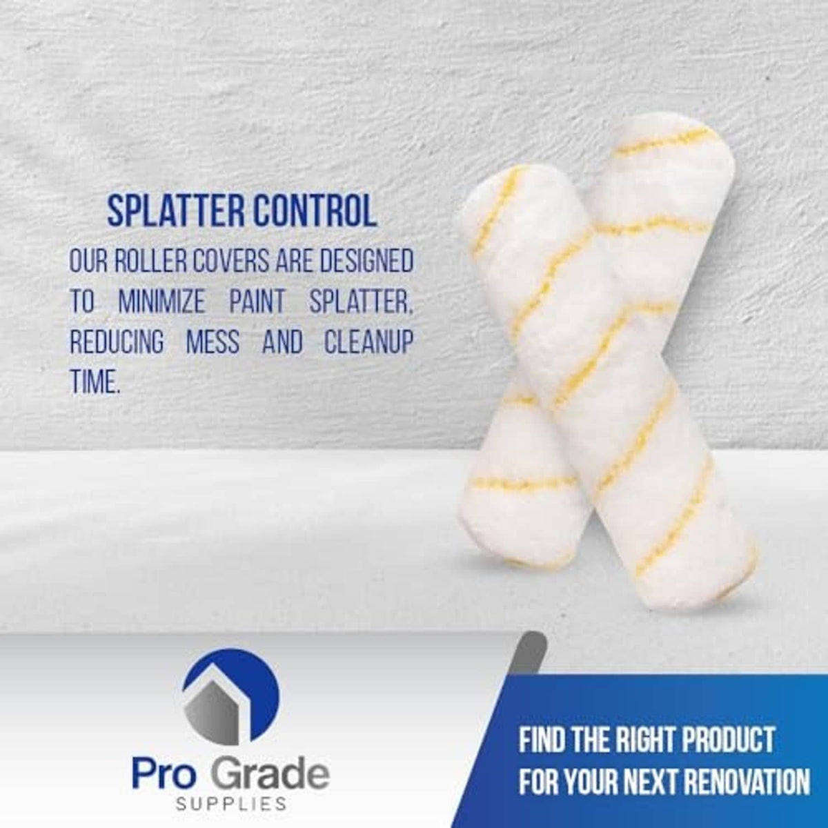 Microfiber paint roller cover, white with yellow stripes, designed to reduce splatter