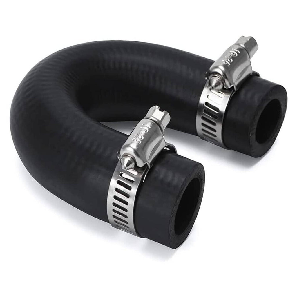 Black heater core bypass coolant hose crossover with two metal hose clamps