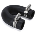 Black heater core bypass coolant hose crossover with two metal hose clamps