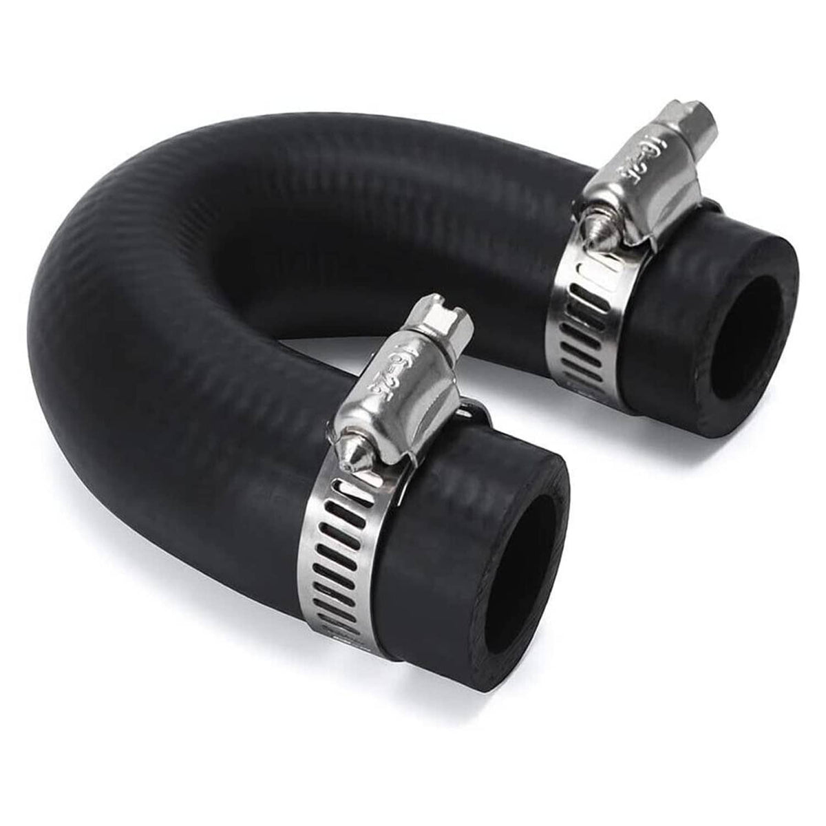 Black heater core bypass coolant hose crossover with two metal hose clamps