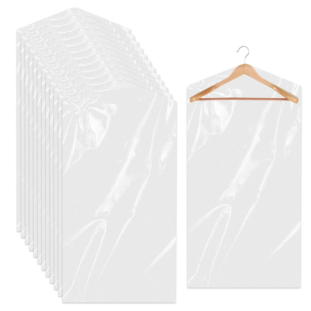Clear plastic hanging garment bags, stack of 20 with top hanger opening