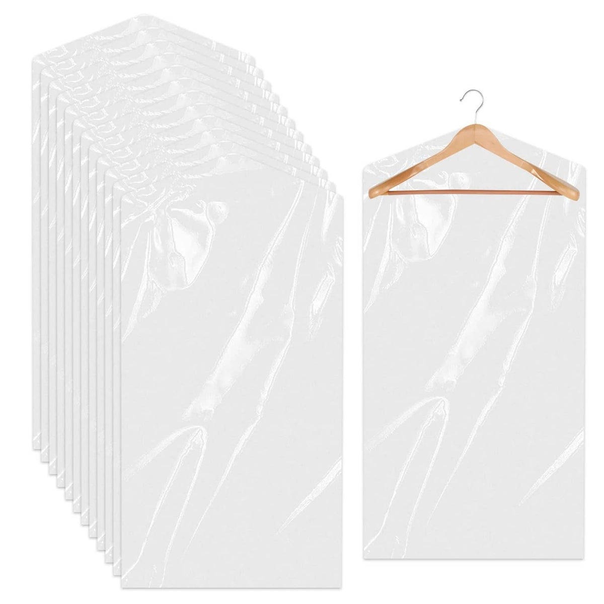 Clear plastic hanging garment bags, stack of 20 with top hanger opening