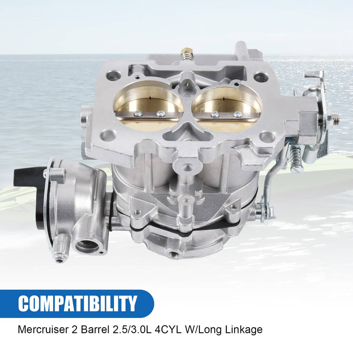 Marine carburetor assembly with twin brass inserts and long linkage mount—silver metal body.