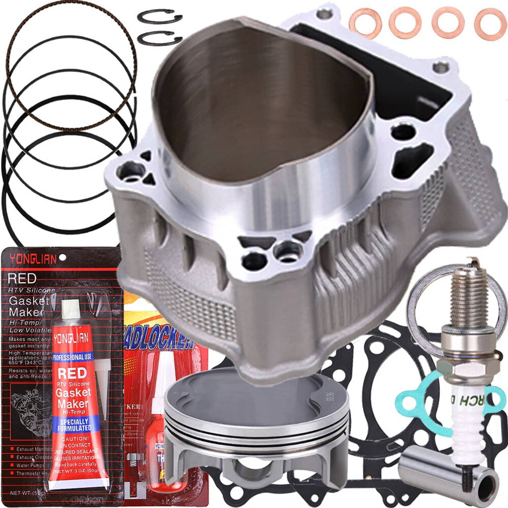 Aluminum big-bore cylinder and piston with spark plug and gaskets, silver gray