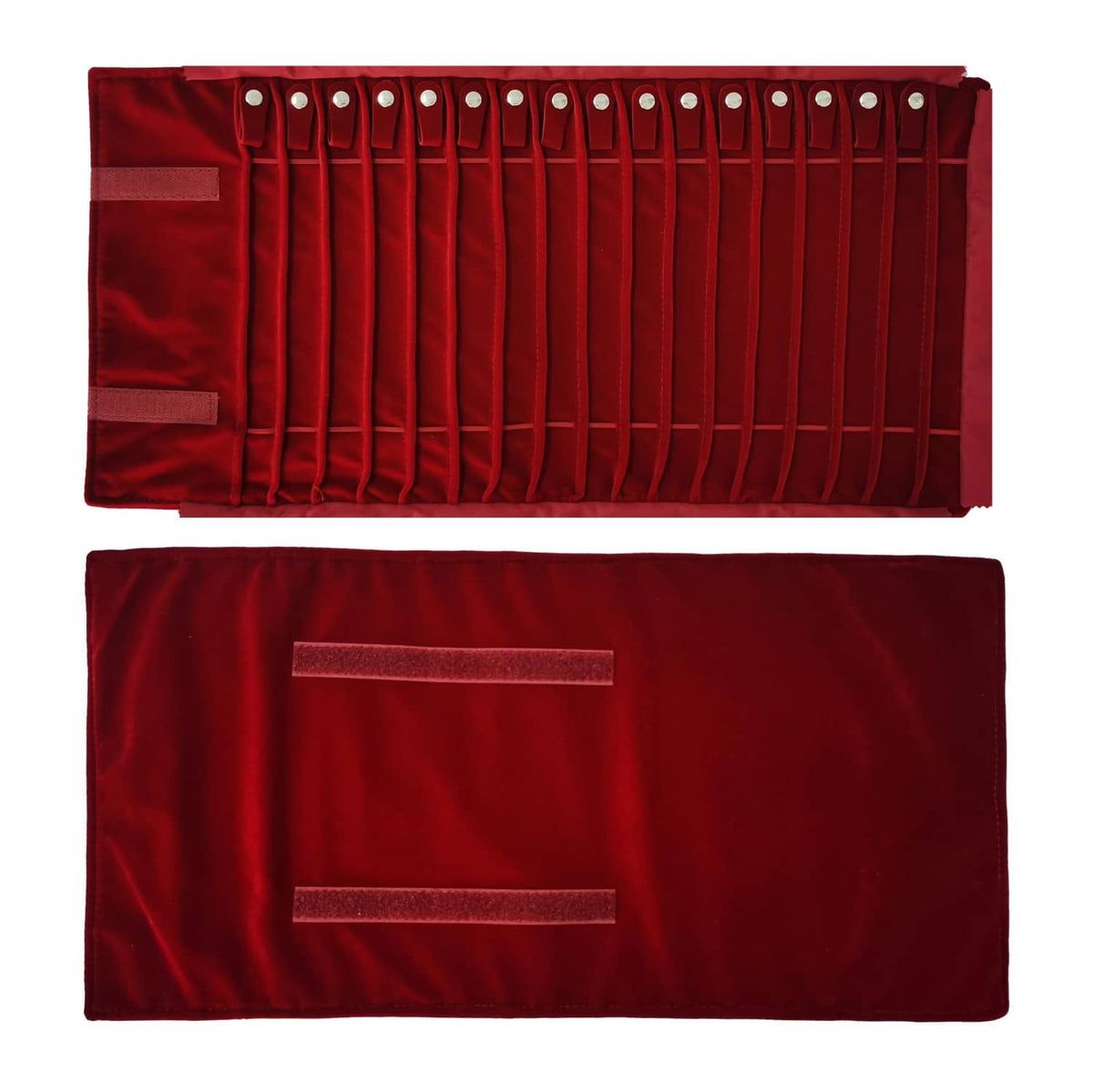 Burgundy necklace roll organizer with row of snap dots and inner storage panel