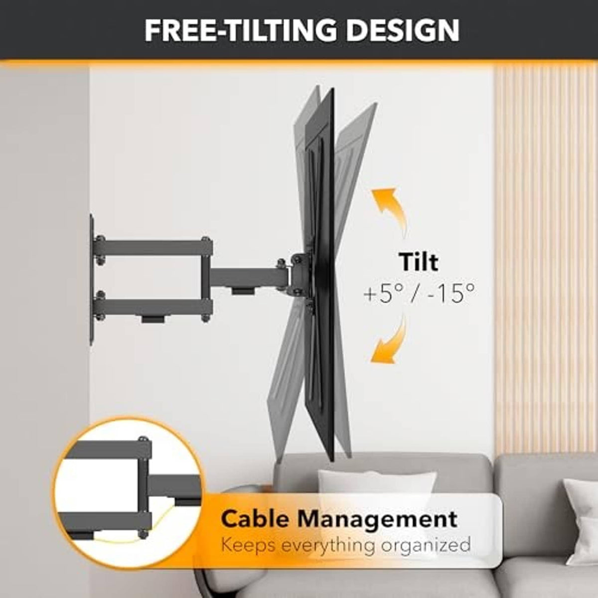 Black tilting TV wall mount with connected arm and cable management area