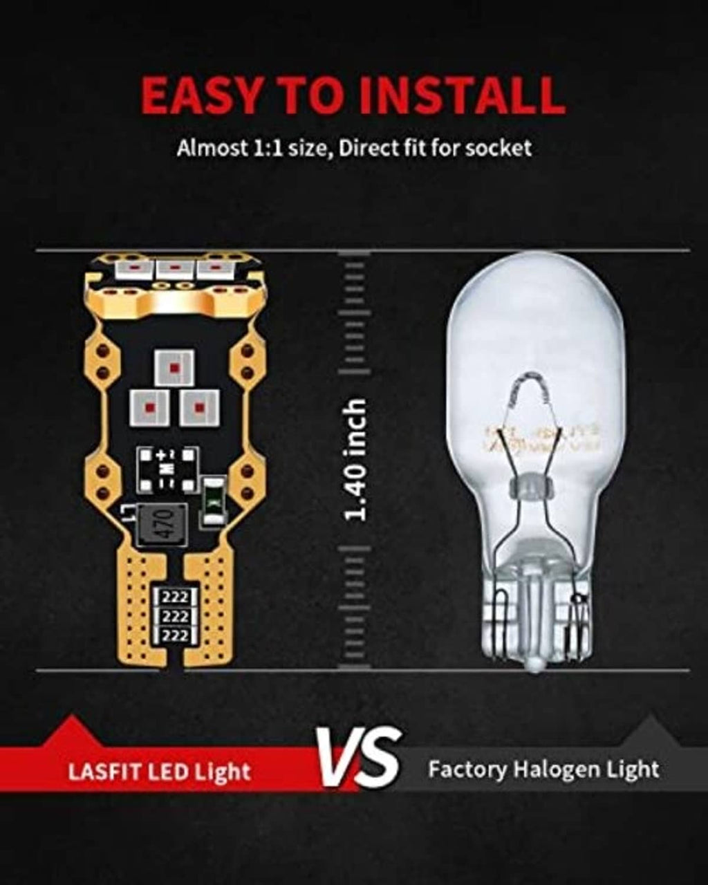 LED brake bulb with pin base beside larger halogen bulb for size comparison