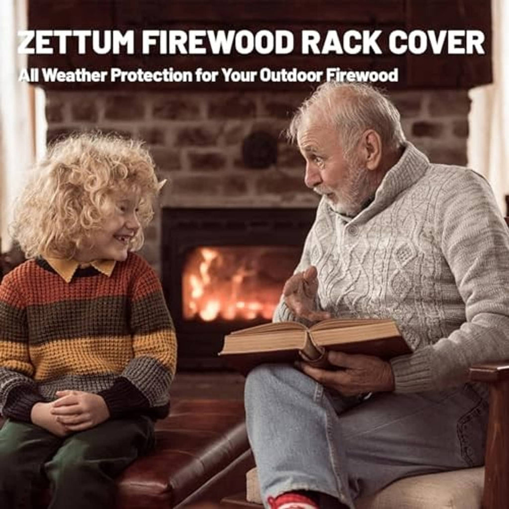 Black firewood rack cover for outdoor use, all-weather protection on a wood rack