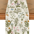 Floral table runner with butterfly and wildflower branches on cream fabric