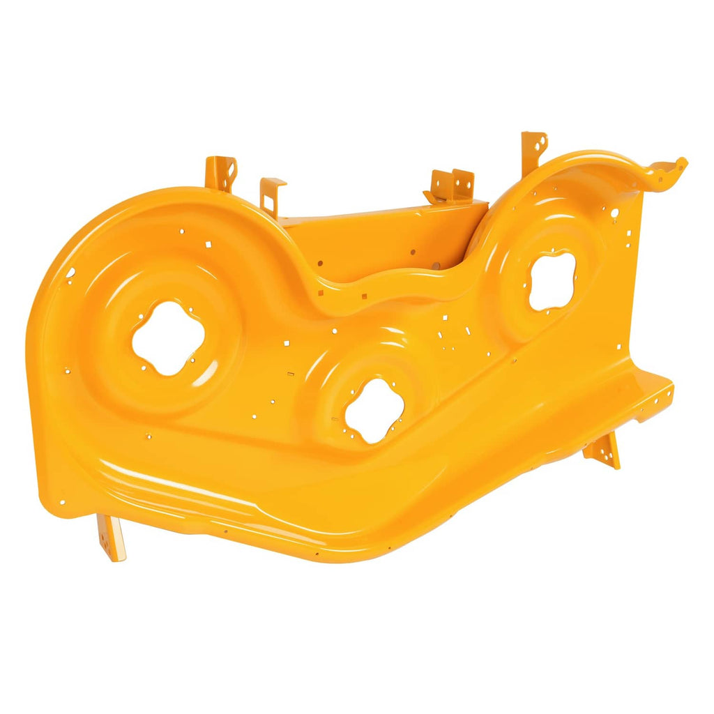 Yellow steel mower deck shell with circular openings and side mounting brackets