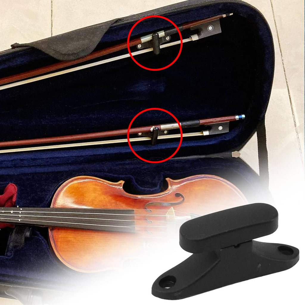 Black ABS violin case bow holder placed near bow rests in case