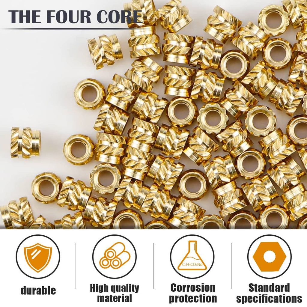 Brass knurled threaded heat-set insert nuts, many small flanged inserts in a heap