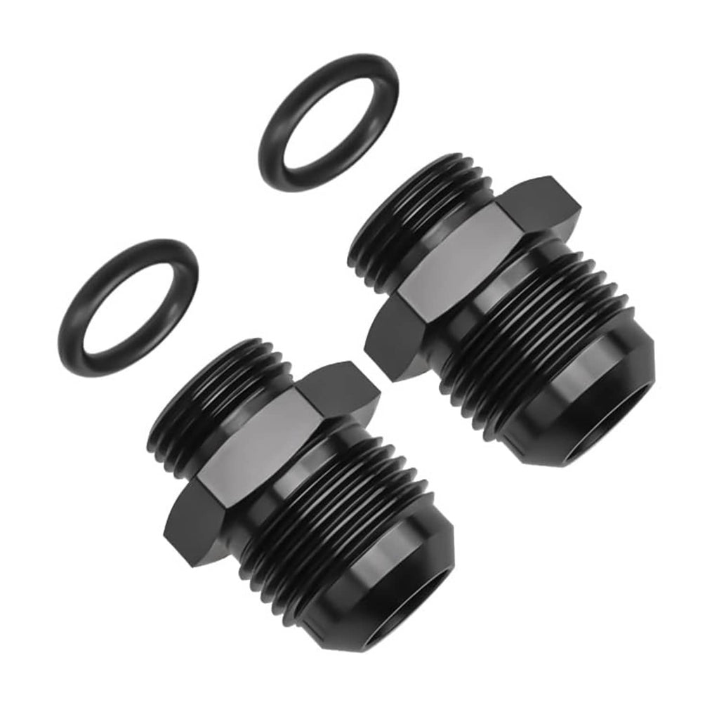 Two black adapter fittings with two separate O-rings for ORB sealing
