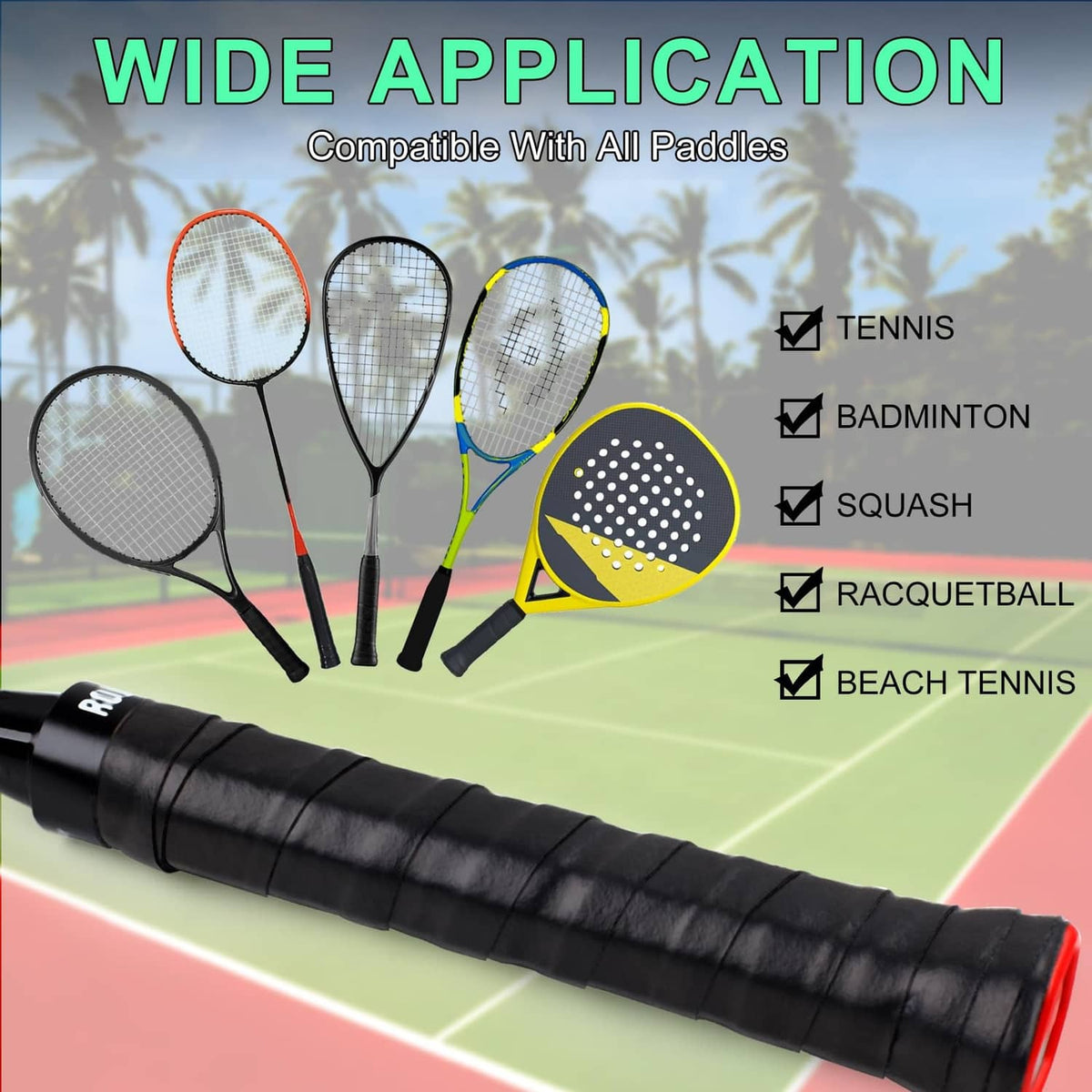 Black grip tape strip with a red underside edge, ready to wrap racket handle
