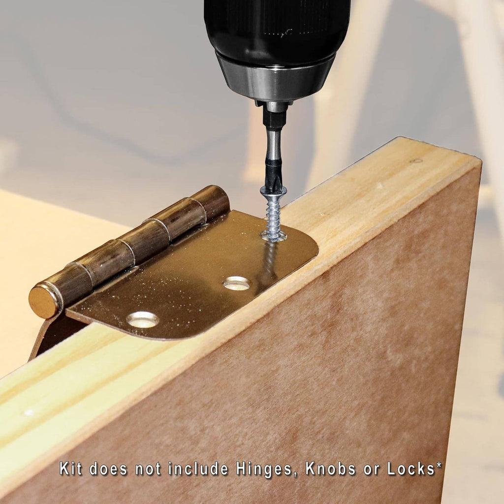 Drill bit drilling a centered hole through a metal template on a wood door panel