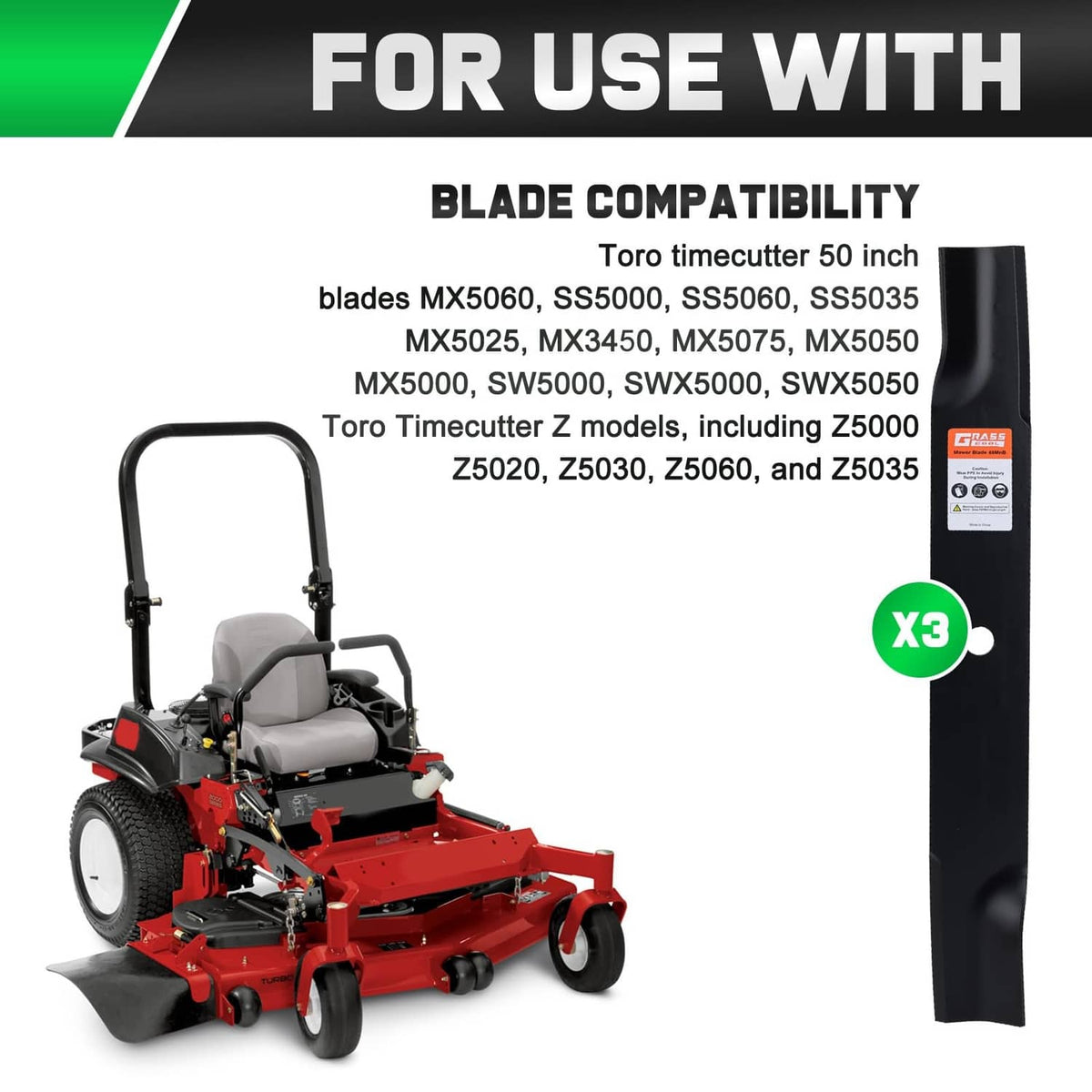 Black lawn mower blade package with three blades shown, for Toro Timecutter mowers