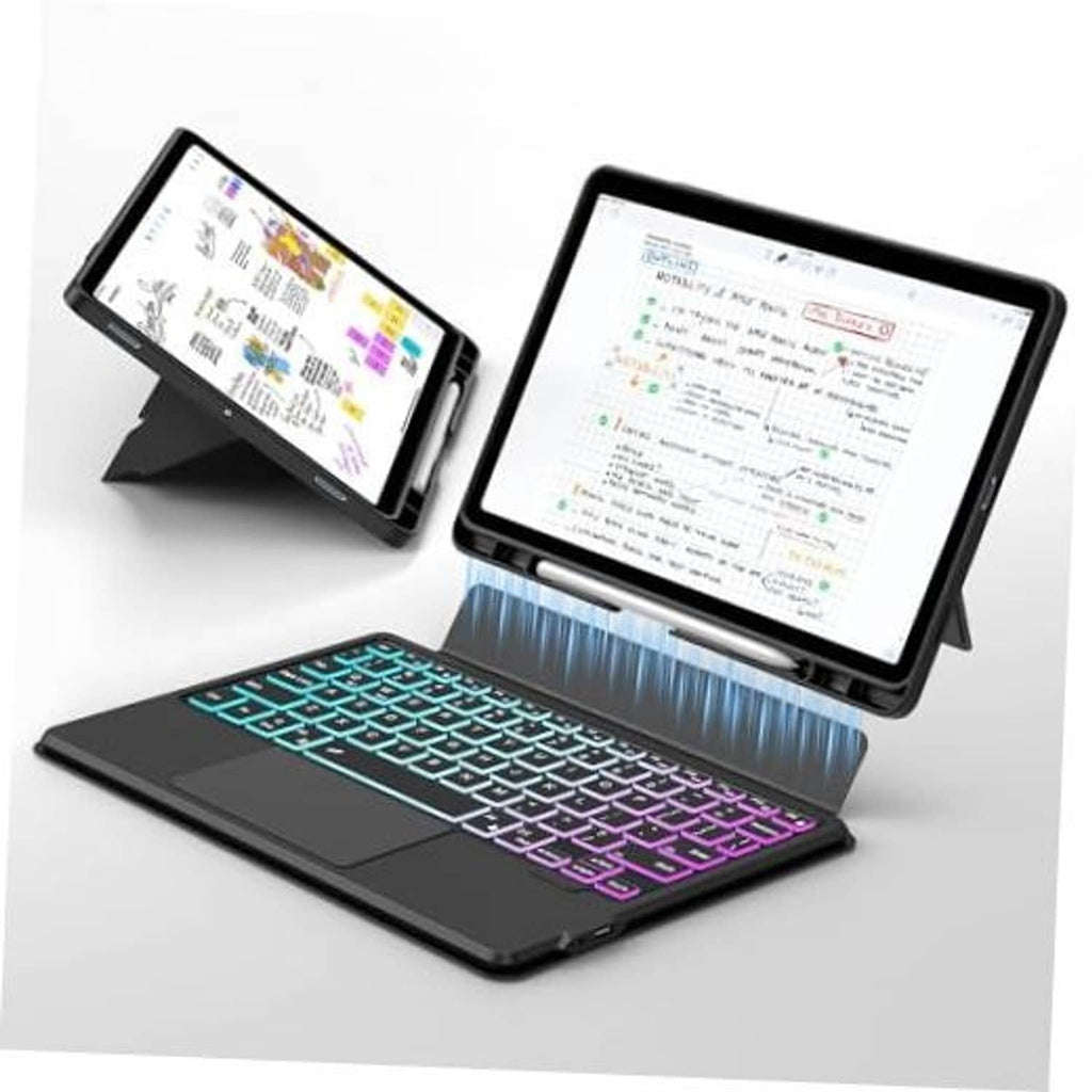 Dark tablet keyboard case with rainbow backlit keys and foldable stand