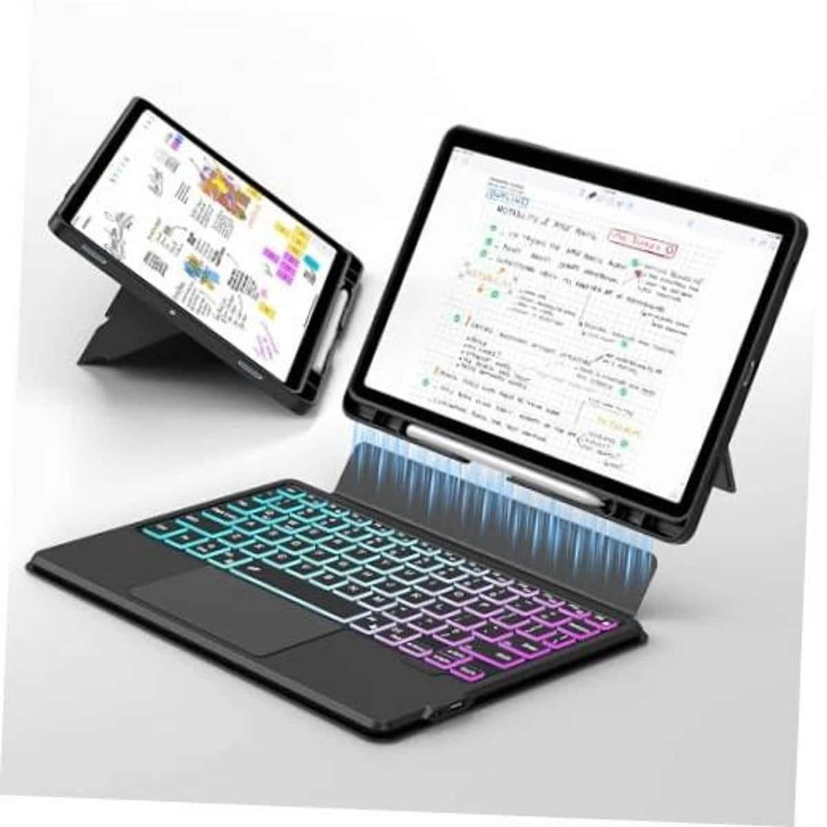 Dark tablet keyboard case with rainbow backlit keys and foldable stand