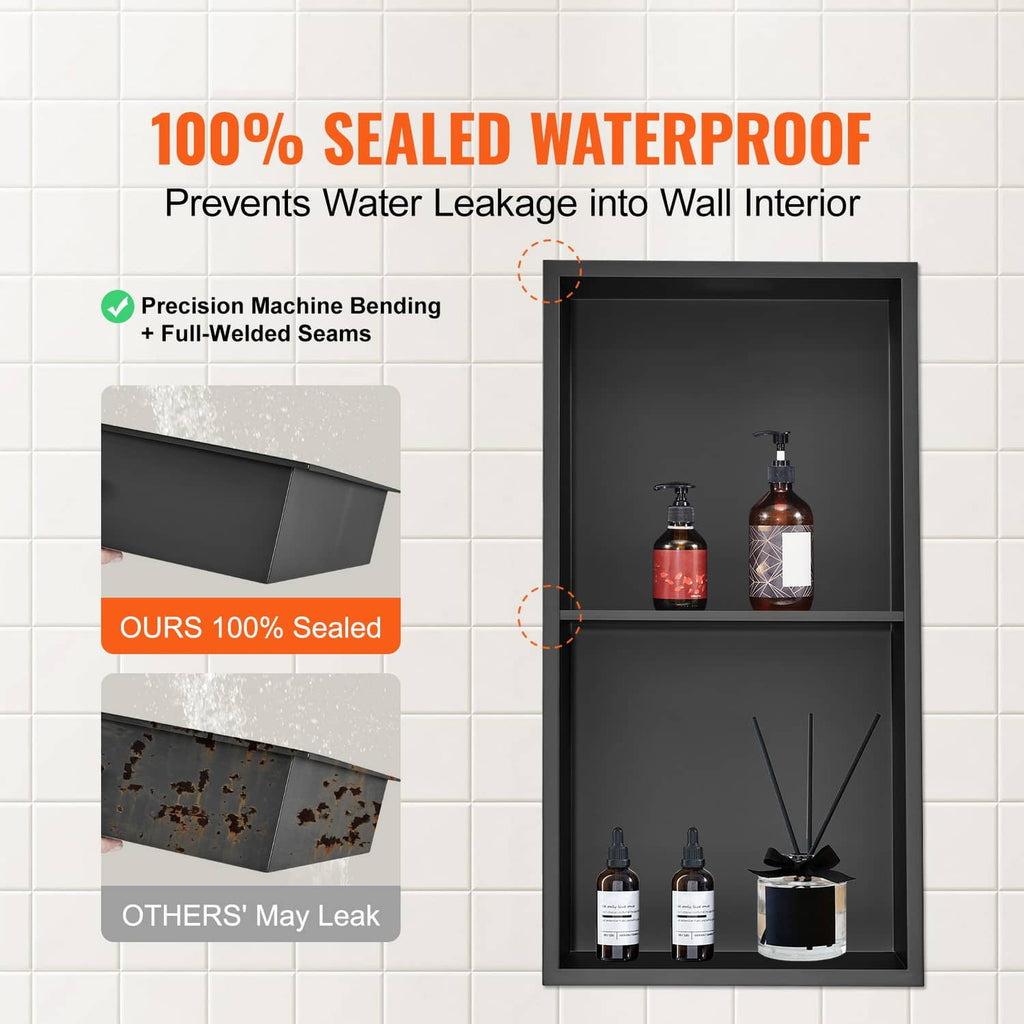 Black stainless steel shower niche insert with double shelves, sealed waterproof design